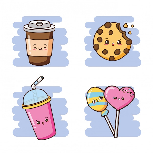 Nette getränke, plätzchen und lutscherillustration kawaii schnellimbisses Kostenlosen Vektoren