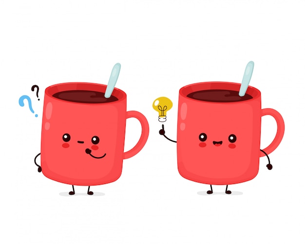 Nette Gluckliche Lustige Kaffeetasse Mit Fragezeichen Und Ideegluhbirne Cartoon Charakter Illustration Icon Design Isolated Premium Vektor
