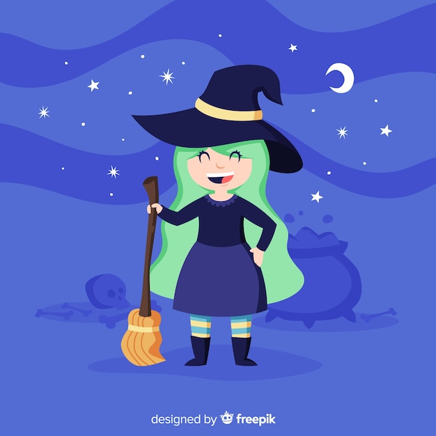 Nette halloween-hexe mit einem besen Kostenlosen Vektoren