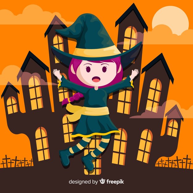 Nette halloween-hexe mit geisterhaus Kostenlosen Vektoren