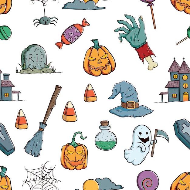 Nette halloween-ikonen oder elemente im nahtlosen muster mit der gezeichneten farbhand oder gekritzel ar Premium Vektoren