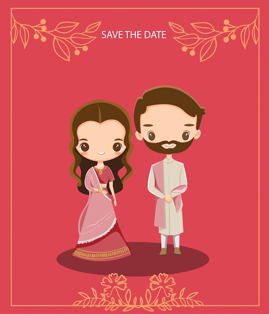 Nette Indische Karikaturpaare Fur Hochzeitseinladungskarte Premium Vektor