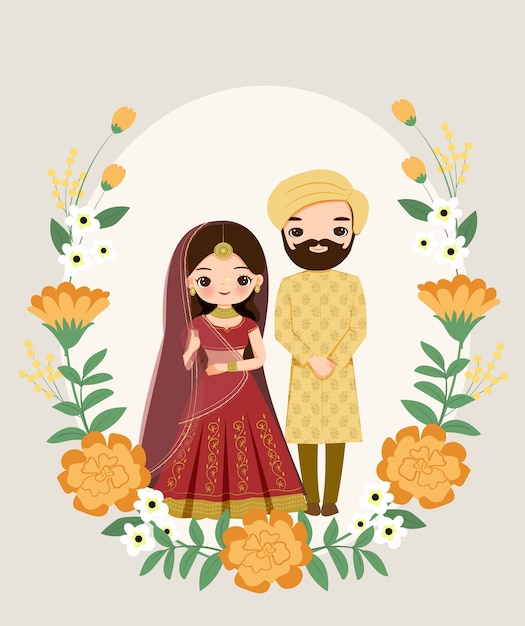 Nette Indische Paare Im Trachtenkleid Auf Blumenhochzeits Einladungskarte Premium Vektor