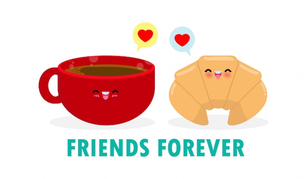 Nette Karikatur Happy Cute Tasse Kaffee Und Croissant Happy Breakfast Lustige Charaktere Beste Freunde Konzept Essen Und Trinken Mit Freunden Fur Immer Isoliert Auf Weissem Hintergrund Illustration Premium Vektor