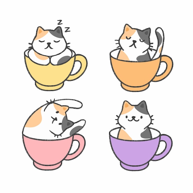 Nette Katze In Einer Tasse Tee Hand Gezeichneten Karikatursammlung Premium Vektor