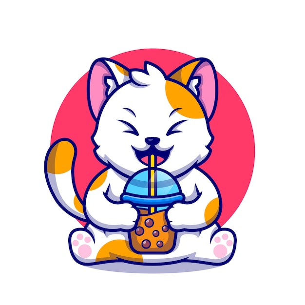 Nette Katze Trinken Boba Milchtee Cartoon Icon Illustration Kostenlose Vektor