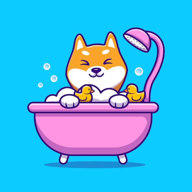 Nette Shiba Inu Badedusche In Badewanne Cartoon Vektor Illustration Tierliebeskonzept Isolierter Vektor Flacher Cartoon Stil Premium Vektor