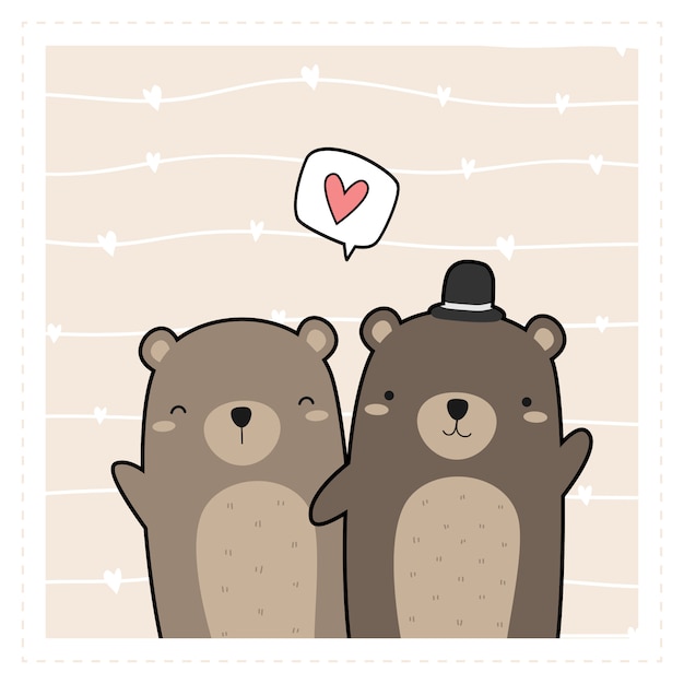 Nette teddybärliebhaberpaar-cartoongekritzel-geschenkkartentapete Premium Vektoren