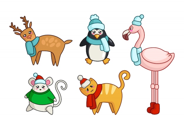 Nette tiere kawaii weihnachten oder des neuen jahres im winter kleidet ren, katze, maus, pinguin Premium Vektoren