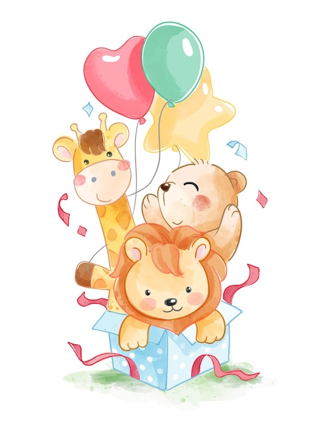 Nette Tiere Und Bunte Luftballons In Geschenkbox Illustration Premium Vektor