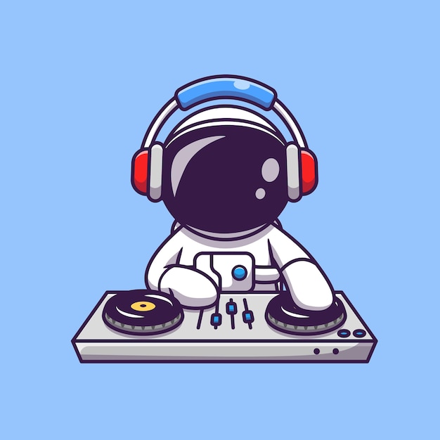 Netter Astronaut Der Elektronische Musik Des Dj Mit Kopfhorer Cartoon Symbol Illustration Spielt Science Technology Icon Concept Kostenlose Vektor