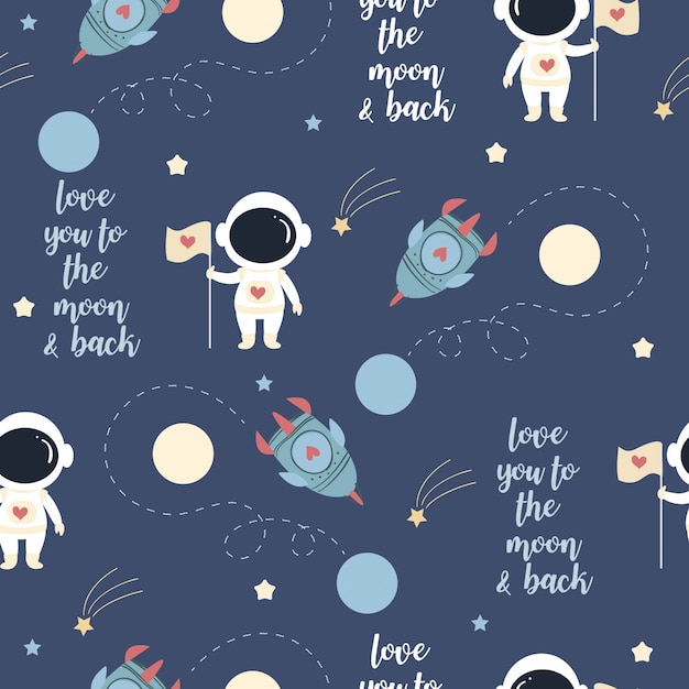 Netter astronaut in der liebe auf dem raummuster Premium Vektoren