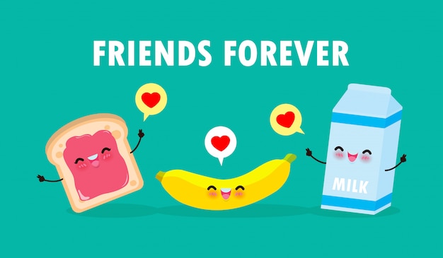 Netter cartoon glücklicher toast und milch mit banane, frühstück ...