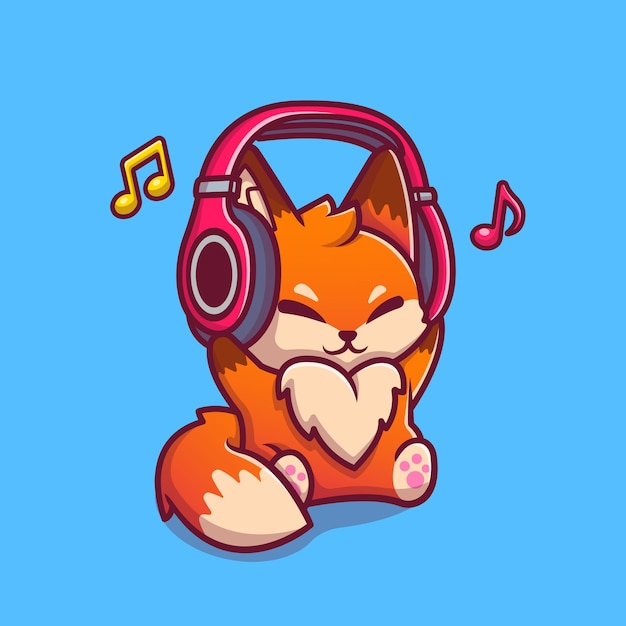 Netter Fuchs Der Musik Mit Kopfhorer Karikatur Symbol Illustration Hort Tiermusik Symbol Konzept Isoliert Flacher Cartoon Stil Premium Vektor