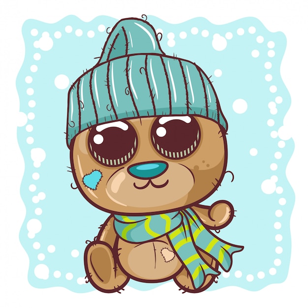 Netter karikatur-teddybär in einer strickmütze sitzt auf einem schnee - vektor Premium Vektoren