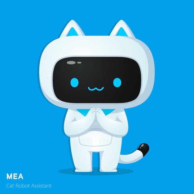 Netter katzen-ai-roboterunterstützungscharakter, wenn aktionsillustrationen respektiert werden Premium Vektoren