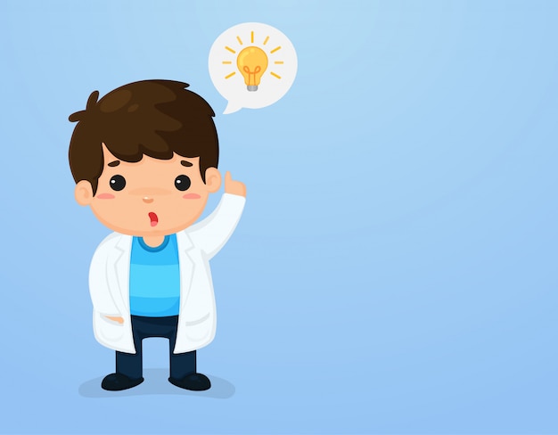 Netter kindercharakter in einer wissenschaftlerklage, die herauf die unterrichtsmedien der wissenschaft des himmels zeigt. Premium Vektoren