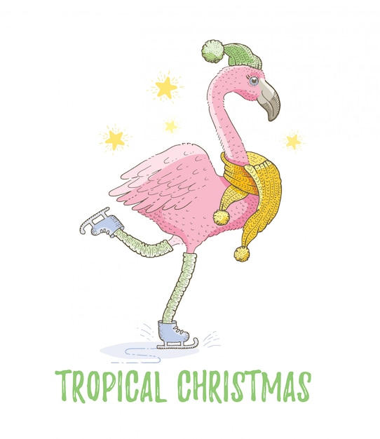Netter weihnachtsexotischer flamingovogel. frohe weihnachten und neujahr cartoon aquarell. hand gezeichnete skizzenvektorillustration. Premium Vektoren
