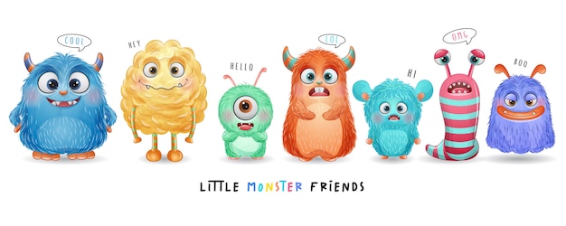 Nettes kleines monster mit aquarellillustration | Premium-Vektor