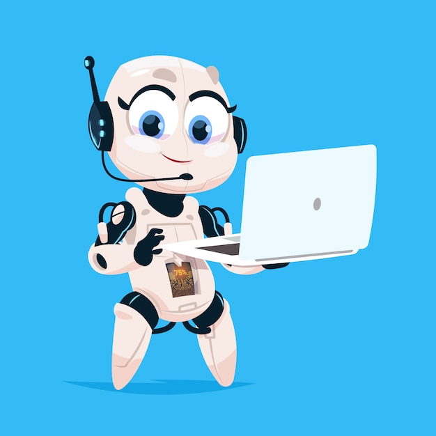 Nettes roboter-griff-laptop-computer-chat-bot-robotermädchen lokalisierte ikone auf blauem hintergrund Premium Vektoren