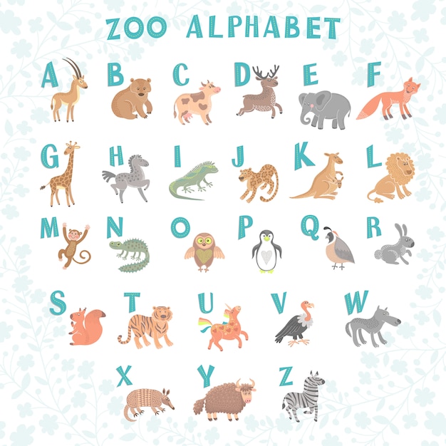 Nettes vektorzooalphabet. lustige comic-tiere. briefe Premium Vektoren