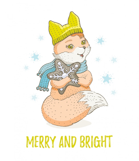 Nettes weihnachtstier, skizzenwaldfuchs. frohe weihnachten und neujahr cartoon aquarell vektor-illustration. Premium Vektoren