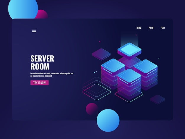 Netzwerk serverraum und datencenter isometrisch, cloud-datenspeicherung, verarbeitung großer datenmengen Kostenlosen Vektoren