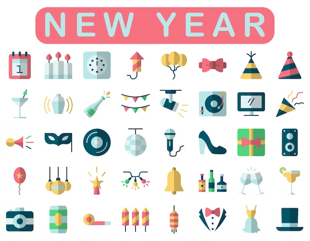 Neujahr icons set, flache | Premium-Vektor