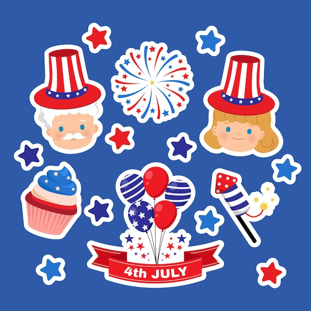 Niedliche Clipart Fur Den 4 Juli American Independence Day Sticker Flat Premium Vektor