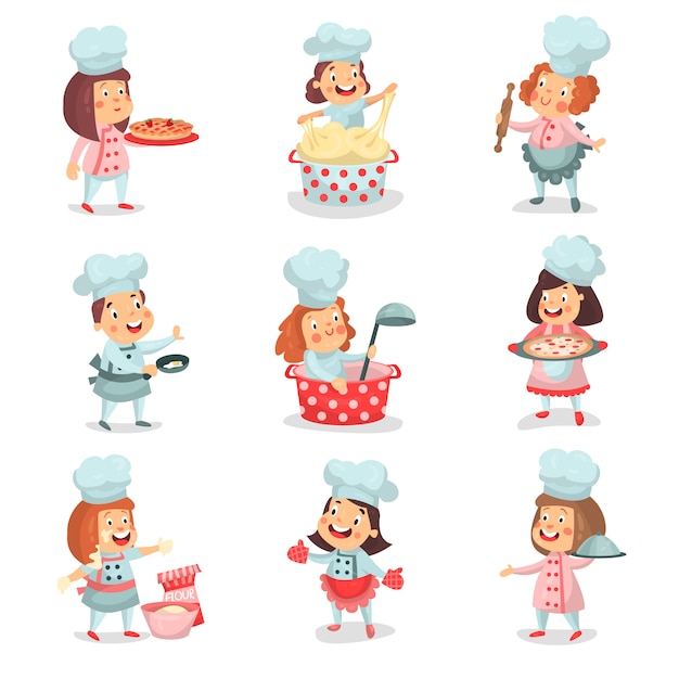 Niedliche Kleine Kochchefkinder Zeichentrickfiguren Die Essen Kochen Und Detaillierte Bunte Illustrationen Backen Premium Vektor