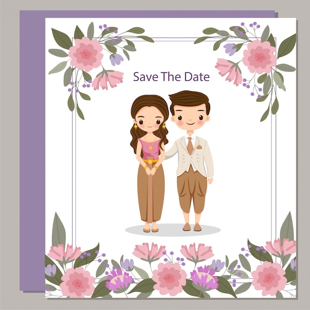 Niedliche Thailandische Braut Und Brautigam Im Trachtenkleid Auf Blumenhochzeits Einladungskarte Premium Vektor