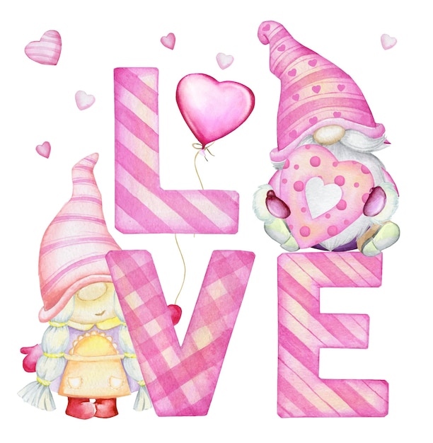 Niedliche Zwerge Buchstaben Herzen Aquarellclipart Im Karikaturstil Auf Einem Isolierten Hintergrund Fur Den Feiertag Valentinstag Premium Vektor