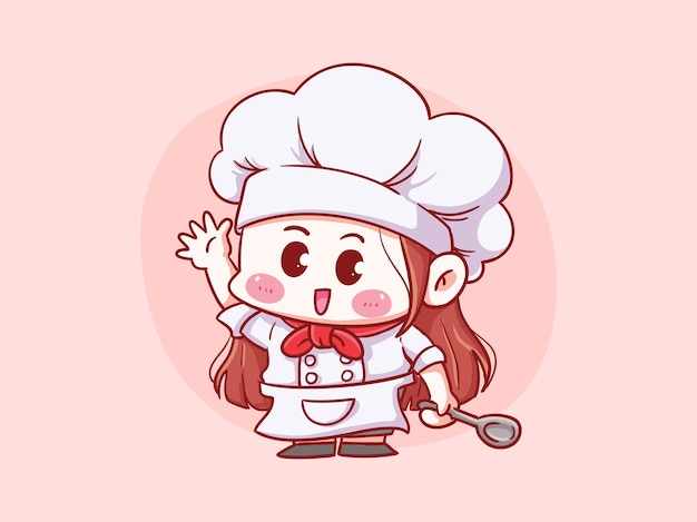 Niedlicher Und Kawaii Weiblicher Chef Der Loffel Manga Chibi Illustration Halt Premium Vektor