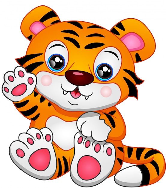 Niedliches Baby Tiger Cartoon Winkt Premium Vektor