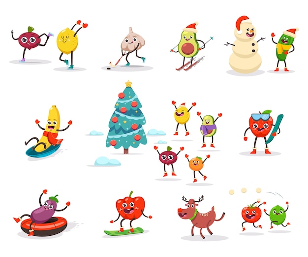 Niedliches Obst Und Gemuse Kinder Betreiben Wintersport Und Aktivitaten Lustige Nahrungsmittelkarikaturfigur Die Weihnachtsferien Geniesst Auf Einem Weissen Hintergrund Eingestellt Premium Vektor
