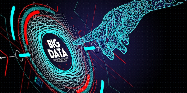 Niedriges polygon hand berühren big data advanced technology und visualisierung mit fractal element mit linien und punkten array. Premium Vektoren