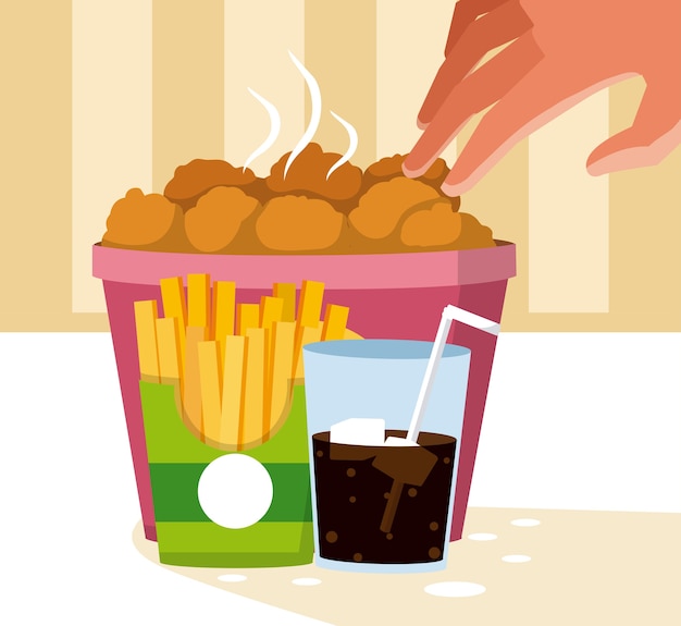 Nuggets und soda mit pommes frites | Premium-Vektor