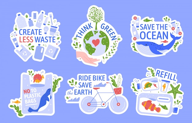 Okologischer Schutz Speichern Sie Die Umwelt Keine Verschwendung Retten Sie Den Ozean Und Recyceln Sie Das Konzept Der Illustrationssymbole Gruner Frieden Anti Plastik Oko Aktion Wiederverwendung Okologische Aufkleber Mit Slogans Premium Vektor