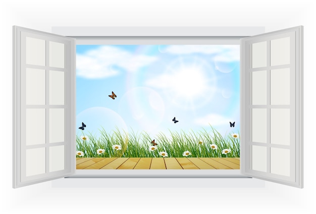 Offenes Fenster Mit Blumen Und Schmetterlingsansicht Des Sommers Premium Vektor