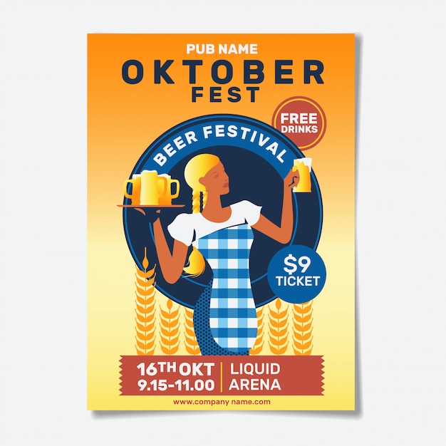 Oktoberfest Party Flyer Oder Poster Vorlage Design Einladung Zum Beer Festival Celebration Mit Kellnerin Lady Serve Beer Und Bayerischen Tuch Premium Vektor