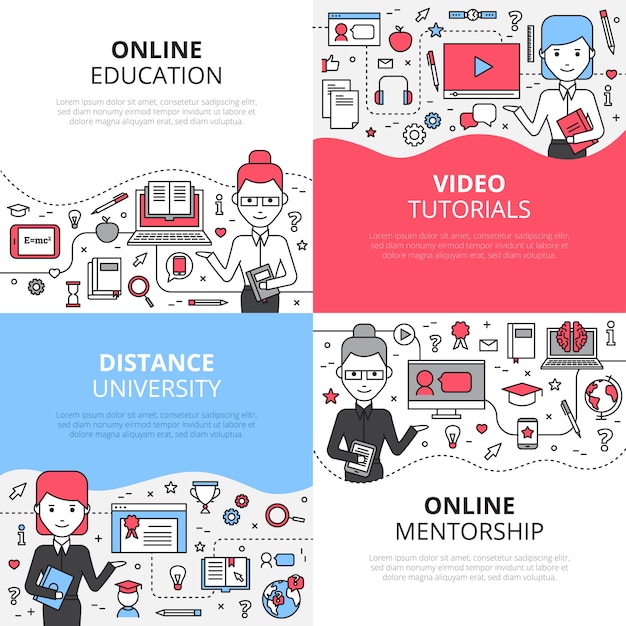 Online-bildungs-konzept mit video-tutorials entfernung universität und online-mentorship festgelegt Kostenlosen Vektoren