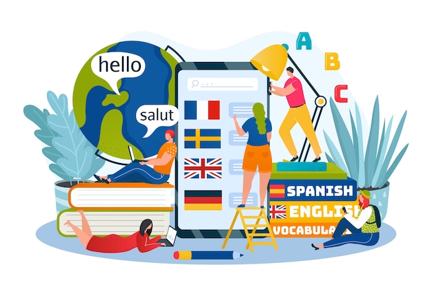 Online Illustration Zum Sprachenlernen Zur Allgemeinen Und Beruflichen Bildung Fremdsprachen Per Internet Telefon App Symbole Fur Englisch Deutsch Franzosisch Universitats Und Schulkurs Worterbuch Premium Vektor