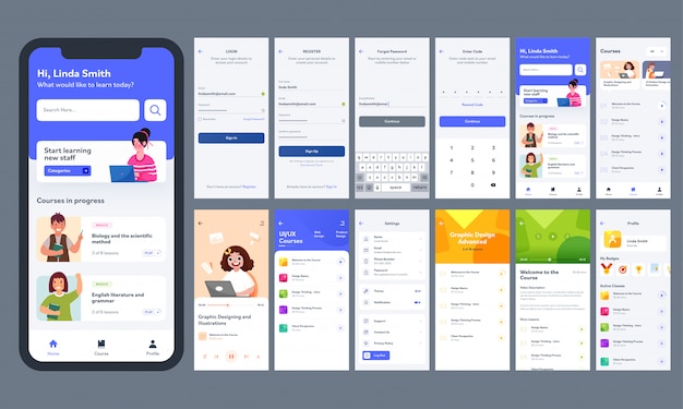 Online Lern Ui Kit Fur Mobile Apps Mit Unterschiedlichem Gui Layout Einschliesslich Anmelden Konto Erstellen Bildschirm Mit Kursinformationen Premium Vektor