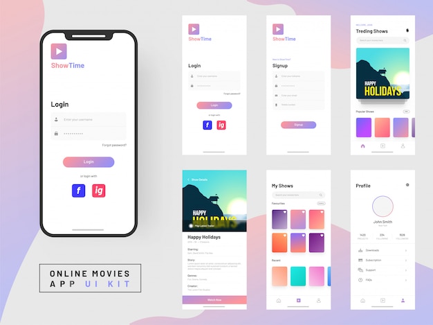 Online movie app ui kit für reaktionsschnelle mobile apps. Premium Vektoren
