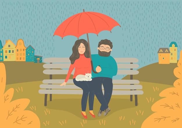 Paar Im Regen Frau Und Mann Sitzen Auf Der Bank Mit Regenschirm Im Regen Illustration Premium Vektor