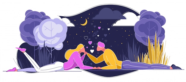 Paare in der liebe, die unter himmel mit mondschein liegt. Premium Vektoren