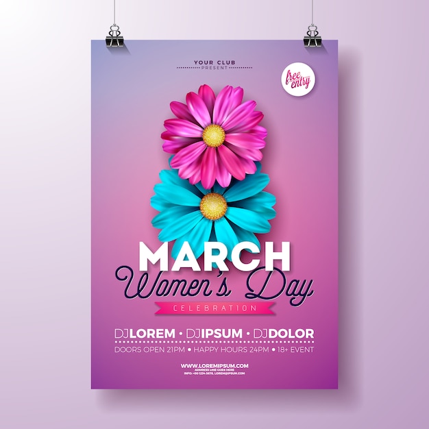 Party Flyer Der Frauen Am Mit Blumen Auf Rosa Hintergrund Premium Vektor