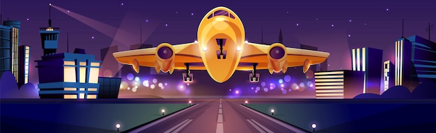 Passagier- oder frachtflugzeug, das in der nacht auf der piste startet oder landet, lichter der stadt Kostenlosen Vektoren