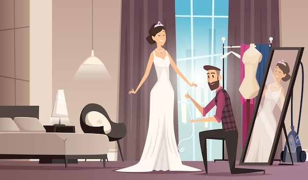 Passendes Hochzeitskleid Schneiderin Macht Kleid Fur Schonheit Braut Schneider Werkstatt Kleidung Cartoon Premium Vektor