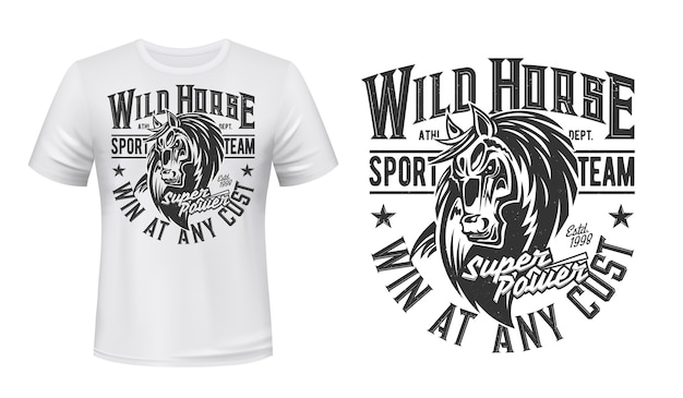 Pferd Mustang Maskottchen T Shirt Druck Hengst Pferdesport Rennverein Stutentier Mit Monochromer Grunge Typografie Und Pferdekopf Auf Weisser Kleidung Bronco Sportmannschaft T Shirt Premium Vektor